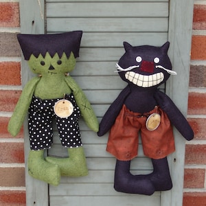 Halloween Katze & Frankenstein Schnittmuster – primitive Wollfilz Puppen, DIY Herbst Dekor, Homespun nach den Herz-Mustern HTTH155