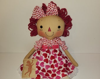 Valentine Raggedy Doll with vintage Pink cupids, Valentine's Day Gift and Decor, Winter decor, Birthday gift, Homespun from the Heart dolls