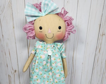 Summer Strawberry Raggedy Cloth doll in Pink and Aqua blue, Unique handcrafted birthday gift and decor, Homespun from the Heart dolls