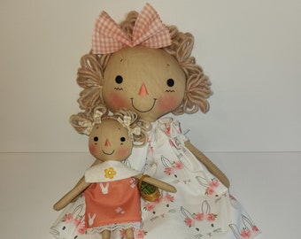 Raggedy Cloth doll Set Mom and baby girl in matching Easter outfits, Mother's day Gift, Nursery Decor, Spring, Homespun from the Heart dolls