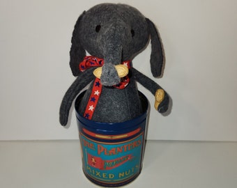 Vintage Peanuts Tin with handmade elephant, Handmade elephant Nursery decor, Unique collectible gift, OOAK, Homespun from the Heart dolls