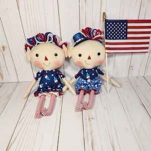 Americana Patriotic Elf boy and girl doll set, Summer USA Tiered Tray Decor, Handcrafted raggedy Homespun from the Heart dolls