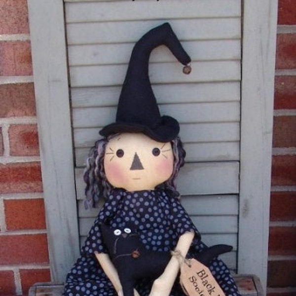 Primitive Halloween Witch doll sewing DIY pattern, Black Hat society Raggedy witch with cat, Homespun from the Heart, HFTH154