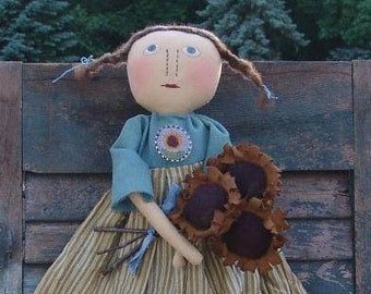 Primitive Cloth doll pattern Sunny doll with sunflowers, Folk art doll and punch needle pattern, HFTH208