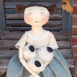 primitive cloth doll pattern Ewe-la Mae sheep gatherer, punch needle pattern, primitive pattern, HFTH207