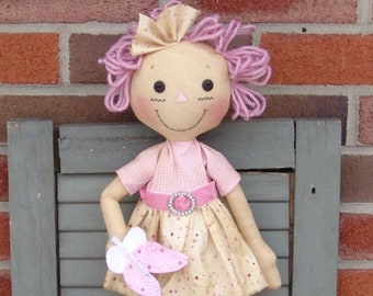 Primitive raggedy cloth doll pattern, Raggedy with Butterfly, Spring decor, Butterfly theme, HFTH148