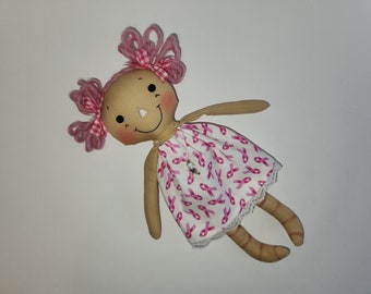 Tiny Ornament sized Raggedy Cloth Pink Ribbon Doll Custom made for you, Breast Cancer Survivor Gift, Homespun from the Heart doll