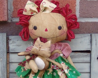 Christmas Raggedy cloth doll with Kitty Pattern, Christmas sewing Gifts and decor, Homespun from the Heart patterns HFTH185