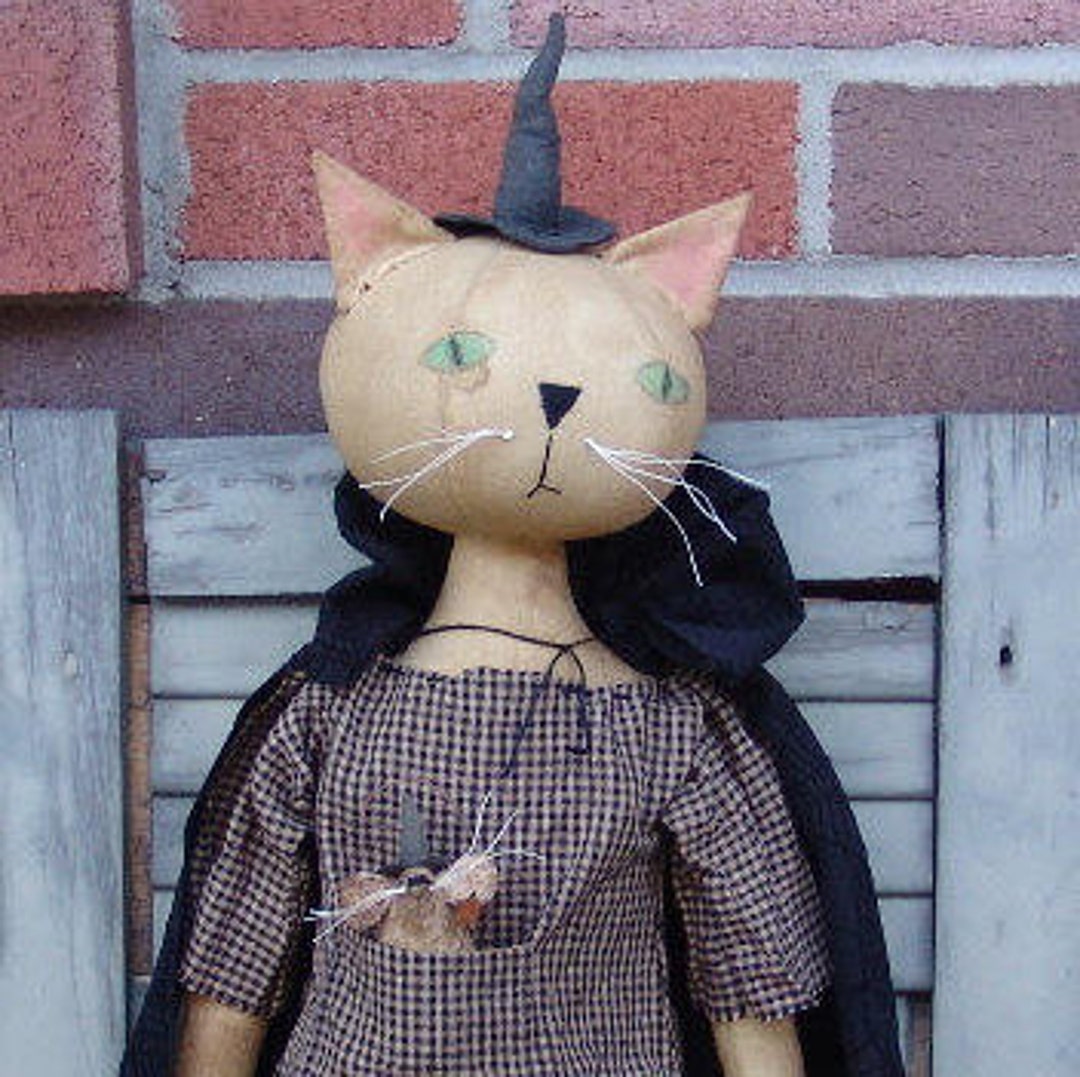 Primitive Leaping Cat Pattern Primitive Halloween Round Head Cat Pattern, Salem Cat Witch and Mouse ...