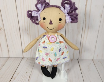 Raggedy cloth doll in Donut theme Dress, handmade Tiered Tray Décor and gifts, Special occasion gift, Homespun from the Heart dolls