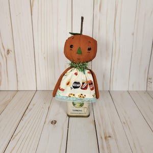 Pumpkin head doll on Vintage spice Tin, Halloween Tiered Tray decoration, Handmade birthday gift, Homespun from the Heart dolls