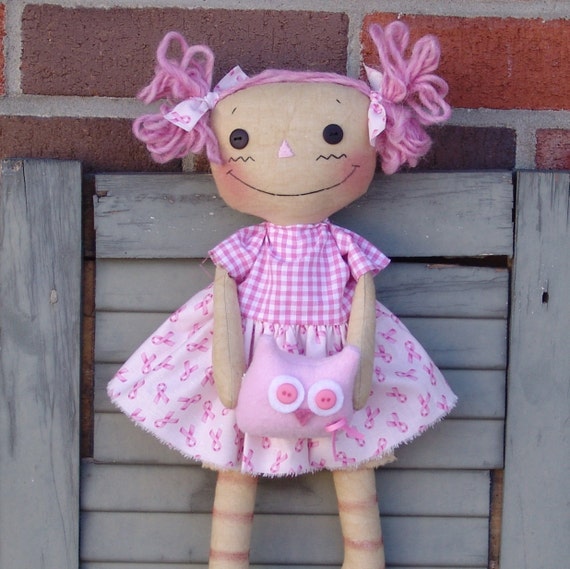Pink Ribbon Rag Doll with Owl sewing Pattern DIY, raggedy doll, breast cancer awareness, Pink ribbon Gift, HFTH211