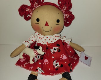 Valentine's day raggedy cloth doll with Puppy Dog, St Valentine's Day Tiered Tray Decor, Valentine Gift, Homespun from the Heart dolls