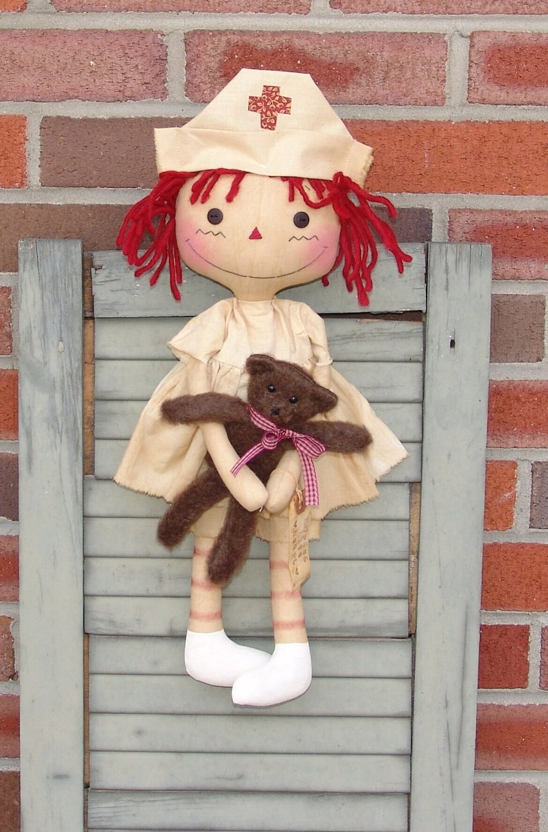 Raggedy Ann nurse doll pattern with her bear - Nurses have heart, perfect pattern to sew your own doll and gift or keep for yourself. Homespun from the Heart patterns.
