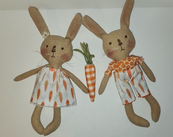Easter bunny doll set boy and girl with Carrot, Easter decor, Primitive Brown Bunny Rabbit, Tiered Tray Decor, Homespun from the Heart dolls
