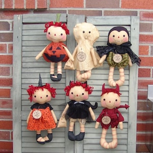 Primitive Halloween Raggedy Doll PDF Pattern – Witch, Ghost, Vampire, Devil Costumes – Homespun from the Heart Digital Download HFTH180