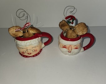 Santa and Mrs Claus mouse set Christmas Tiered Tray, Cocoa Bar decor, Vintage style Cocoa Cup, gift for her or him, Homespun from the Heart