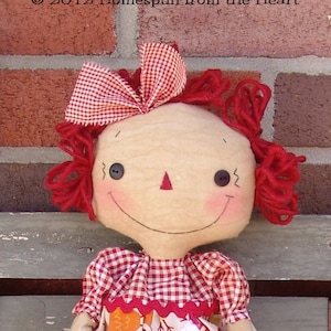 Patrón de muñeca de tela Raggedy Ann con búho ululante, Muñeca de trapo primitiva con búho, Patrón de costura, HFTH194