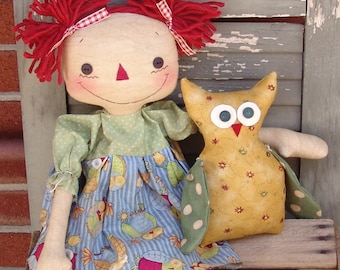 Primitive Raggedy Ann Doll pattern, raggedy doll with owl, 20" rag doll, sewing pattern, owl pattern, HFTH201