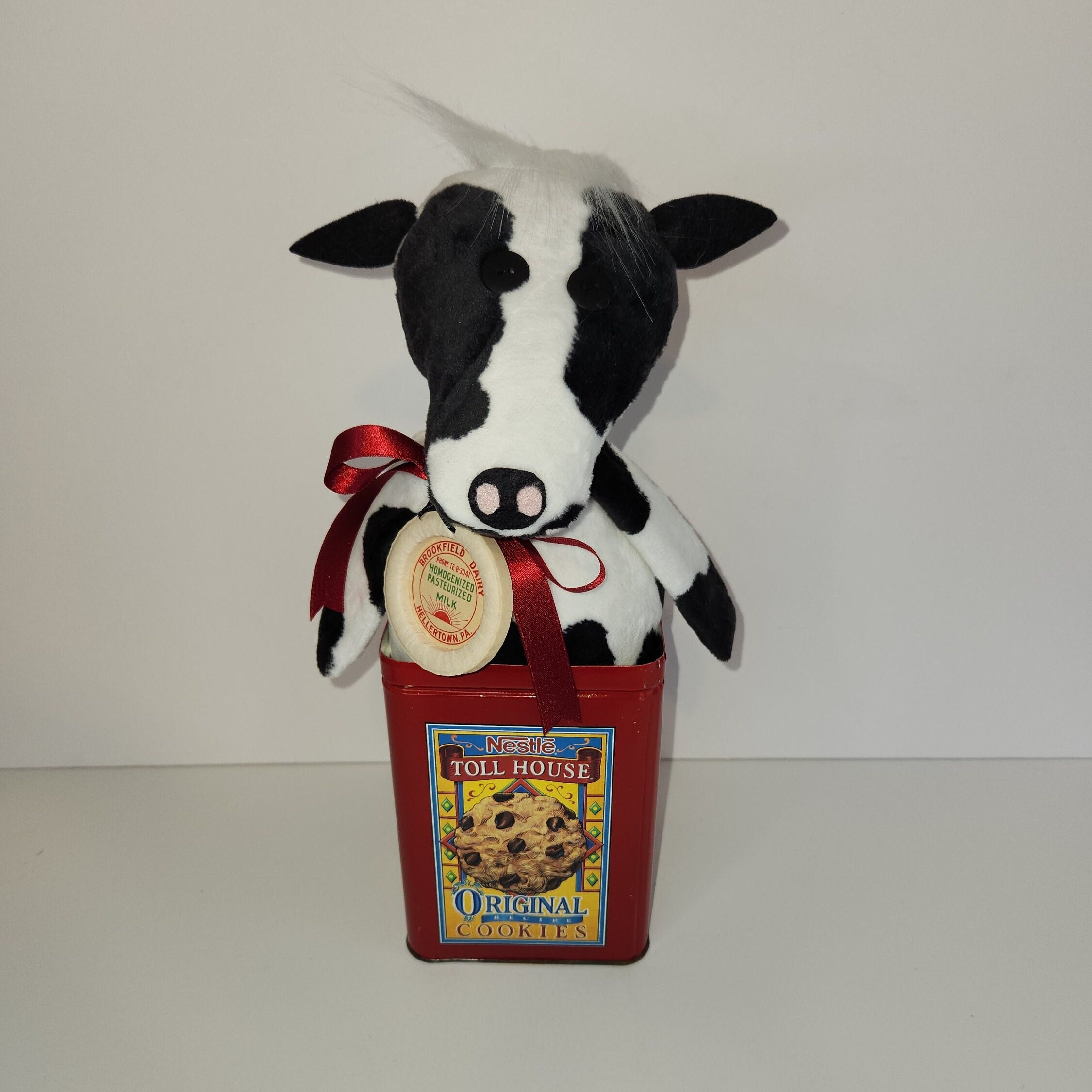 Handmade cow in vintage Nestle cookie tin Milk and Cookies one of a kind set party theme Centerpiece unique Homespun from the