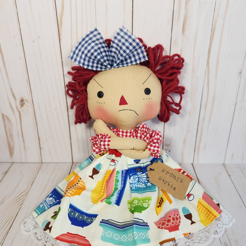 Grumpy Gertie Mad Face Doll Arms Crossed in Vintage Pyrex Dress, Sad ...