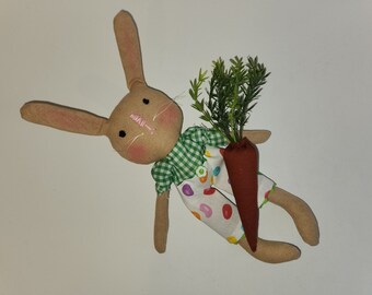Primitive Farmhouse bunny Rabbit Boy cloth doll in Jelly bean shorts with Carrot | Easter basket gift decor | Homespun from the Heart dolls