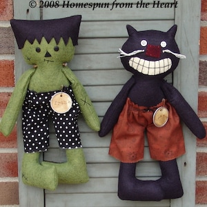 Halloween Cat and Frankenstein soft doll pattern, Halloween Decor, Cloth doll Softie pattern, Homespun from the Heart patterns HFTH155