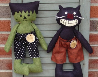 Halloween Cat and Frankenstein soft doll pattern, Halloween Decor, Cloth doll Softie pattern, Homespun from the Heart patterns HFTH155