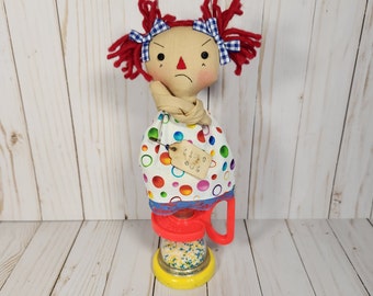 Time out Grumpy Raggedy and vintage Toy Timer doll set, Original One kind handmade gift, Rag doll unique decor, Homespun from the Heart