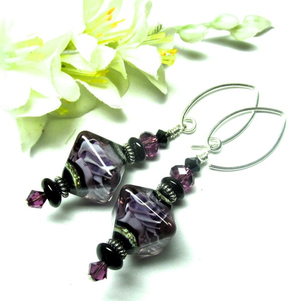 Purple Earrings Unique Earrings Glass Bead Earrings Lampwork Earrings Artisan Earrings Beaded Earrings Glass Earrings Dangle Earrings