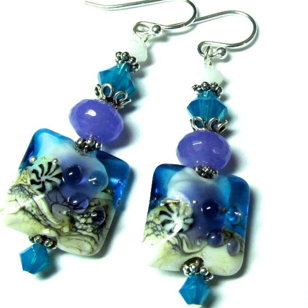 RESERVED LISTING!!!!  Ocean Earrings Beach Earrings Lampwork Earrings Blue Earrings Artisan Earrings Beaded Earrings Pillow Bead Earrings