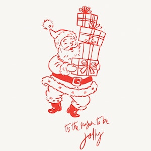 May include: A red line art illustration of Santa Claus holding a stack of four wrapped gift boxes. Below the figure, the handwritten text reads 'tis the season to be jolly'. The bottom right corner includes the text 'LAZYCAT DESIGN CO. SVG/PNG/EPS FILES'.