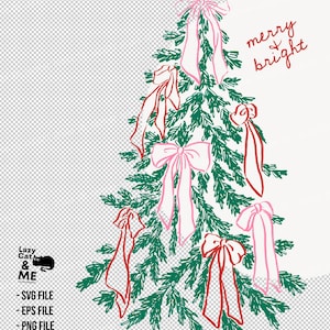 May include: A digital illustration of a green pine tree decorated with pink bows. The text merry & bright is written in red cursive script. The image includes technical specifications for SVG, EPS, and PNG files at 300 DPI resolution.