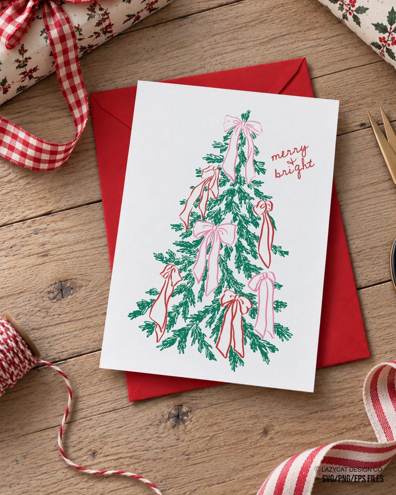 May include: A white greeting card featuring a green line-art illustration of a Christmas tree decorated with pink bows. The text "merry & bright" is printed in red ink on the right side of the card. The card is placed on top of a red envelope.
