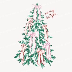 May include: A green line-art illustration of a Christmas tree decorated with pink and red bows. The text "merry & bright" is written in red cursive script to the right of the tree. The design features a white background with faint watermarks.