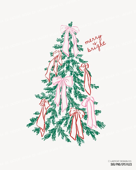 Christmas Tree with Bows Hand-Drawn Illustration Wall Art T-shirt SVG PNG EPS