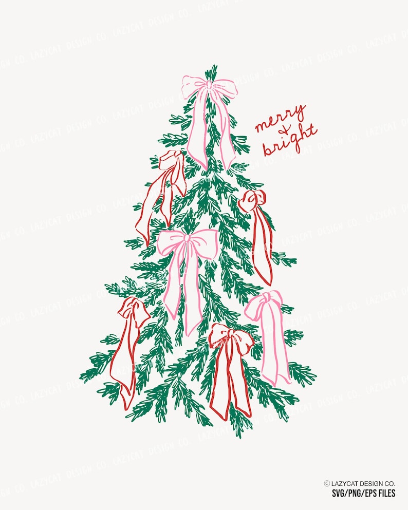 May include: A green line-art illustration of a Christmas tree decorated with pink and red bows. The text "merry & bright" is written in red cursive script to the right of the tree. The design features a white background with faint watermarks.