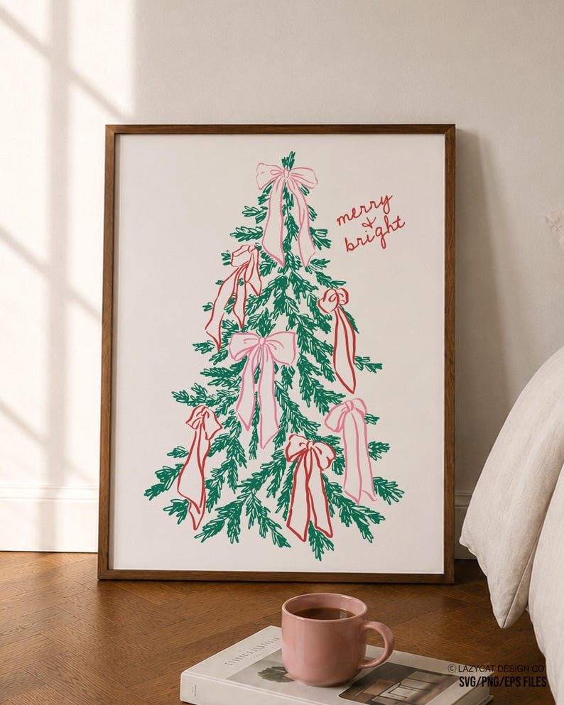 May include: A framed wall art print featuring a green line-art Christmas tree decorated with pink bows and the handwritten red text merry bright. The artwork is displayed in a dark wood frame, showcasing a festive holiday illustration.