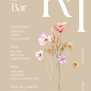 Tarjetas de menú de bar con flores silvestres rústicas para imprimir: elija el color del fondo y el gráfico de la flor: salvia o gris pardo. Menús de bar de bodas personalizados