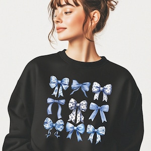 Blue And White Chinoiserie Bow, Vintage Floral Patterns Sweatshirt, Blue Coquette Sweatshirt, Trendy Chinoiserie Sweatshirt, Crewneck Sweats