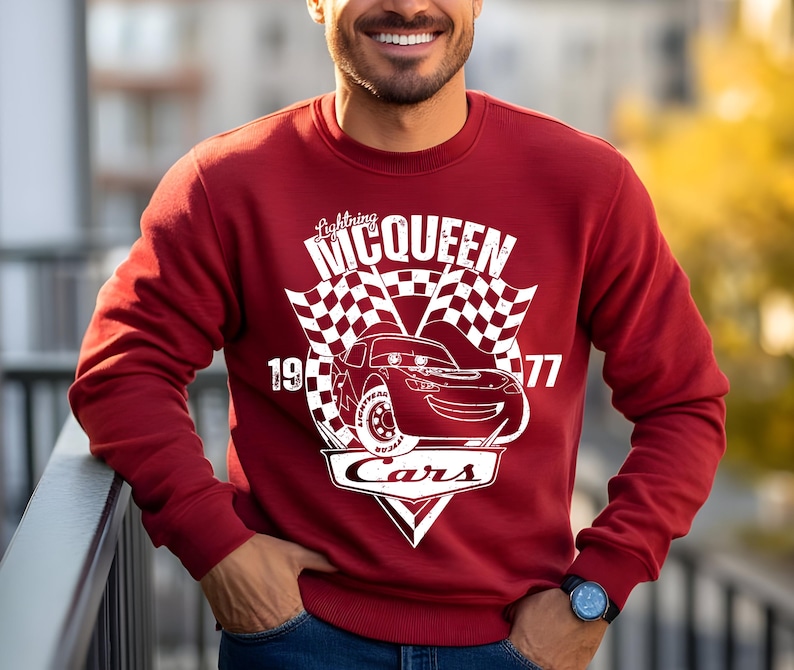 Lightning McQueen Cars Sweatshirt, Cars Birthday Shirt, Disney Pixar Cars Gift Tee, Lightning McQueen Graphic Sweatshirt, Kids Cars Party image 1