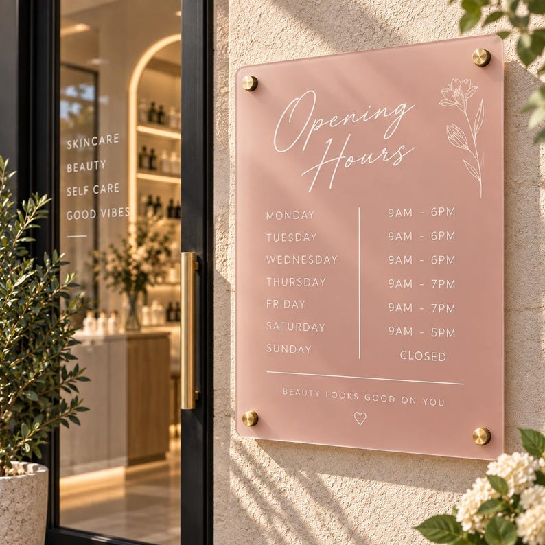 Operating Hours Sign Examples Custom Acrylic Business Hours Sign, Opening Hours Sign, Storefront Door ...