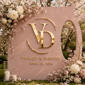 May include: A large, dusty pink, arched event sign featuring a gold metallic monogram of the letters VD, with the text VIOLET & DANIEL and APRIL 18, 2026, in gold lettering. The sign is decorated with white and pink floral arrangements.