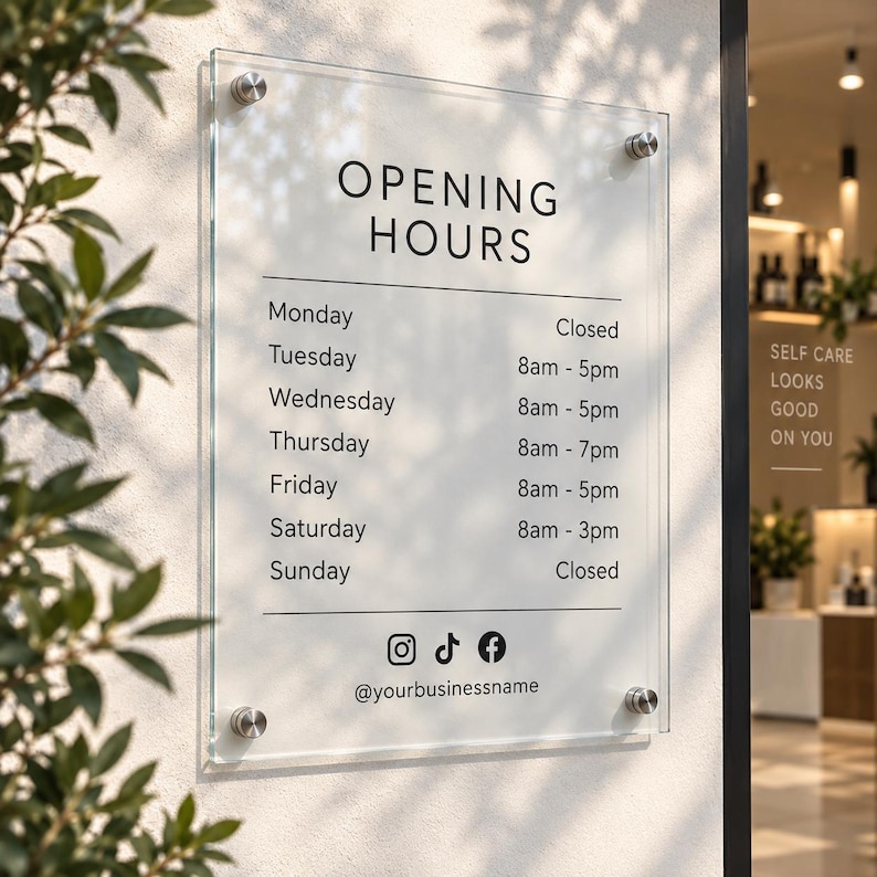 Operating Hours Sign Examples Custom Acrylic Business Hours Sign, Opening Hours Sign, Storefront Door ...