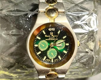 VTG 1990s Lazy Susan BrithStone Round Black Face gold and green Watch SWANSON Two-tone Men main image 3