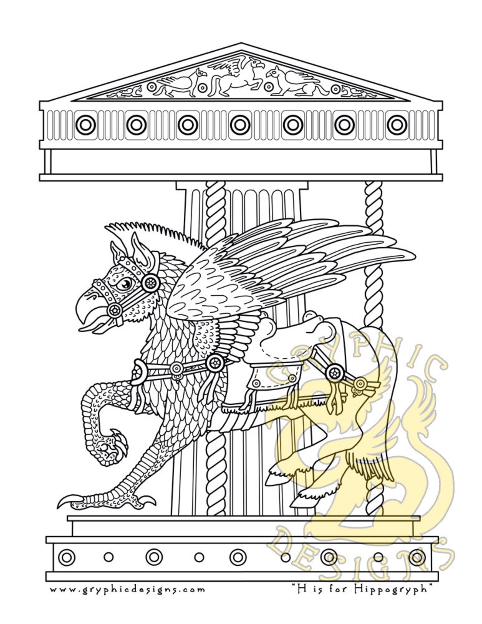 H Is For Hippogryph Carousel Printable Coloring Page Digital | Etsy