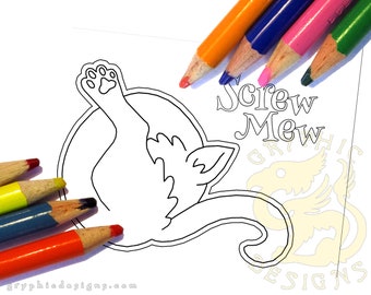 Carte de vœux humoristique à colorier et à imprimer « Screw Mew » pour les amoureux des chats