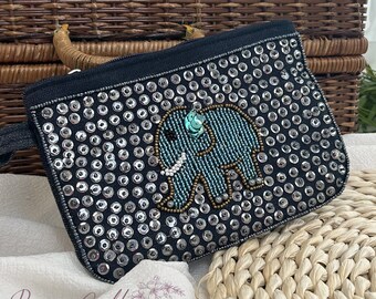 Elephant Beaded Clutch Evening Bag Sparkling Clutch Party Blue Elephant Embroidery Clutch Custom Jean Clutch Embroidered Gifts for Her