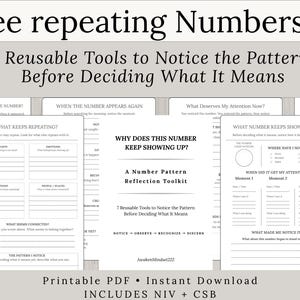 Op de afbeelding: Een printbare PDF-toolkit voor reflectie op getallenpatronen getiteld See repeating numbers? 7 Reusable Tools to Notice the Pattern Before Deciding What It Means. Het document bevat secties zoals What Keeps Repeating en What Number Keeps Showing Up.