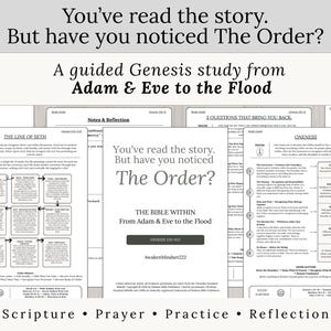 May include: A multi-page guided Bible study guide titled You've read the story. But have you noticed The Order? featuring sections on Genesis, The Line of Seth, and Oneness. The printed pages include text, diagrams, prayer prompts, and reflection questions.